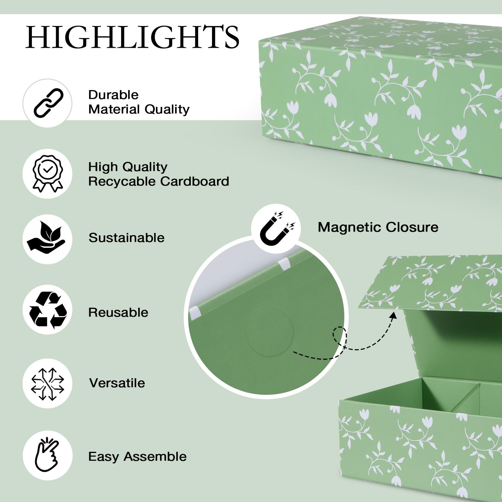 LFBOX Green Leaves Gift Box with Magnetic Lids 13.8x8.3x4.4 in, Large Bridesmaid Proposal Boxes, Rectangle Wedding Decorative Storage Box 1 Pack