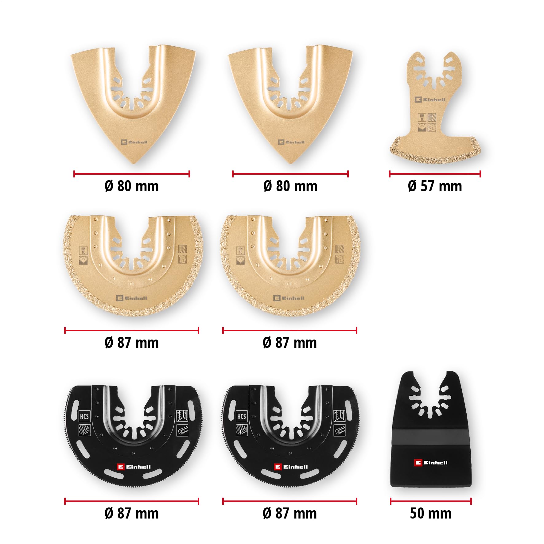 Originale Einhell Set multiutensile XL-PLUS-CASE 10 pz. (lama HCS/TCS semitonda, raspa delta TCS, segmento TCS, raschietto rigido, adattatore Dremel)
