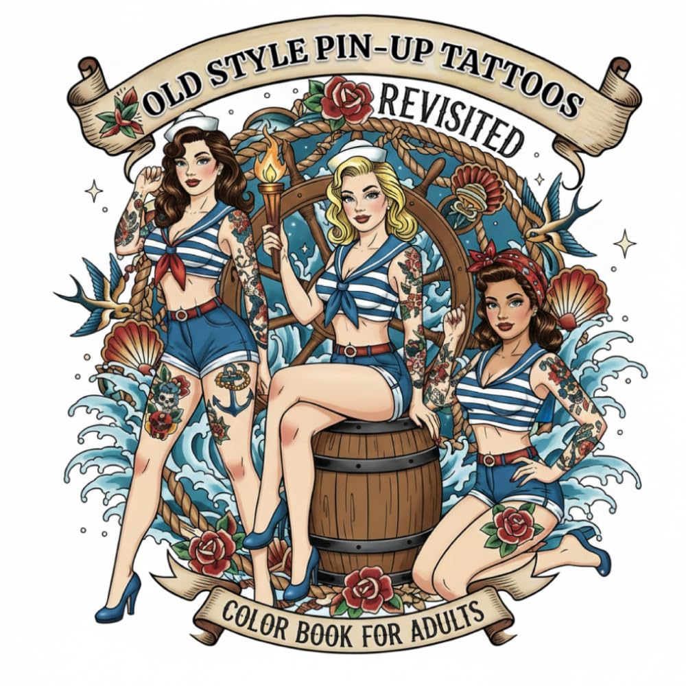 Old style pin-up tattoos: Color books for adults