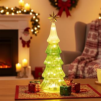 Tabletop Light Up Christmas Tree with Timer, Battery Operated Glass Christmas Nightlight Xmas Decor for Table Fireplace Centerpiece Party Ornament, Christmas Decor Gift