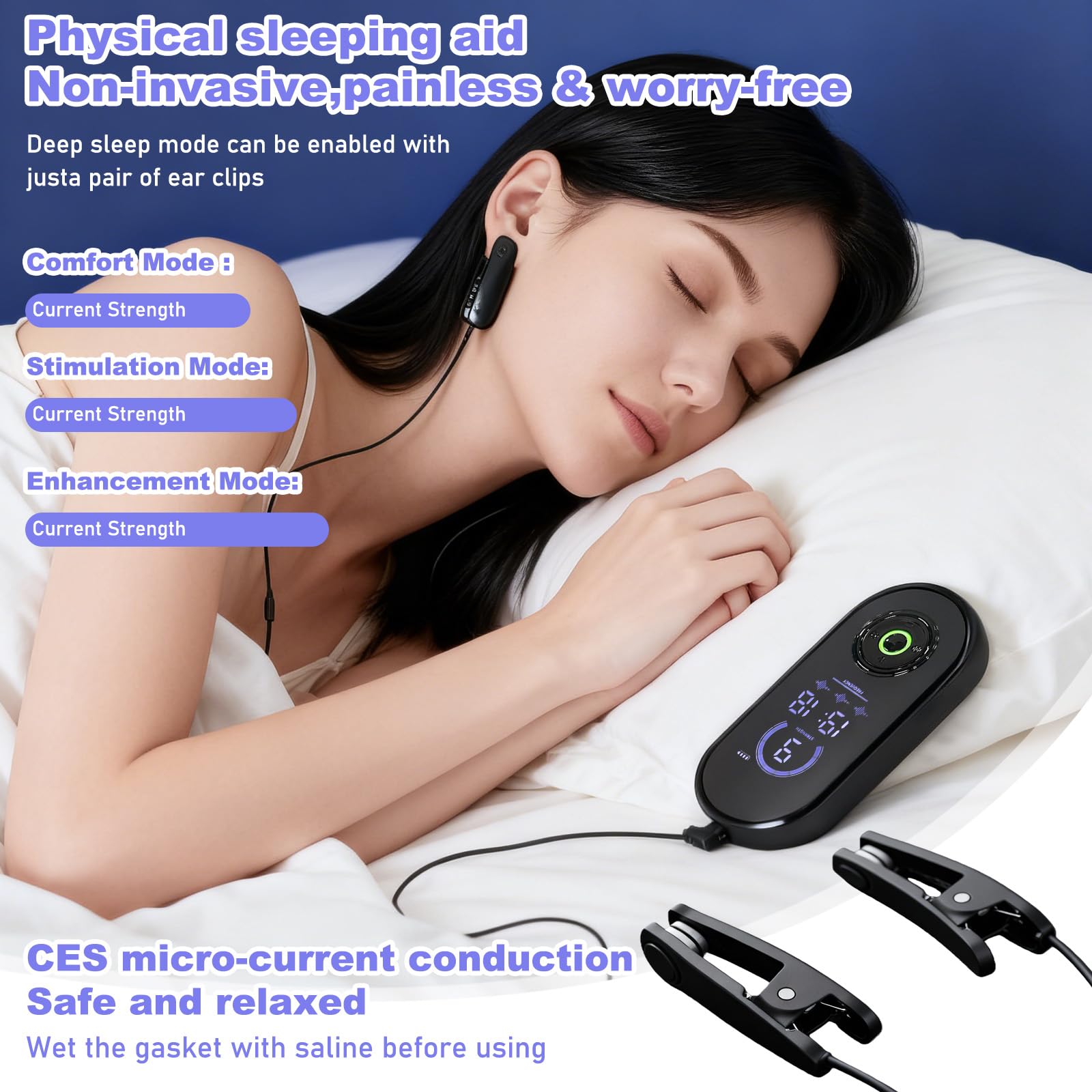 Aide au sommeil avancée, appareil de stimulation du nerf vague avec clips d'oreille, aide au sommeil pour adultes, réduit l'anxiété, soulage la fatigue, micro courant, 3 modes, 9 forces, charge USB