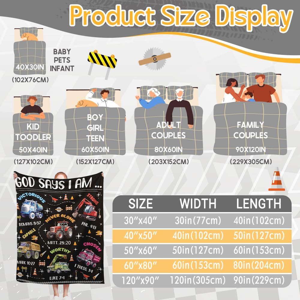 Kids Christian Truck Blanket for Boys - God Says I Am Construction Trucks Bible Verse Gifts for Truck Tractor Lovers Toddlers - Super Soft Flannel Throw Sheets 50" x 40" Decor for Crib Nap Couch Sofa - Image 5