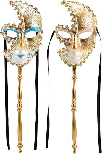 LUOZZY 2 máscaras venecianas para mascarada con palo de sujeción, para carnaval, Mardi Gras, máscaras de disfraces para fiestas de baile, baile de