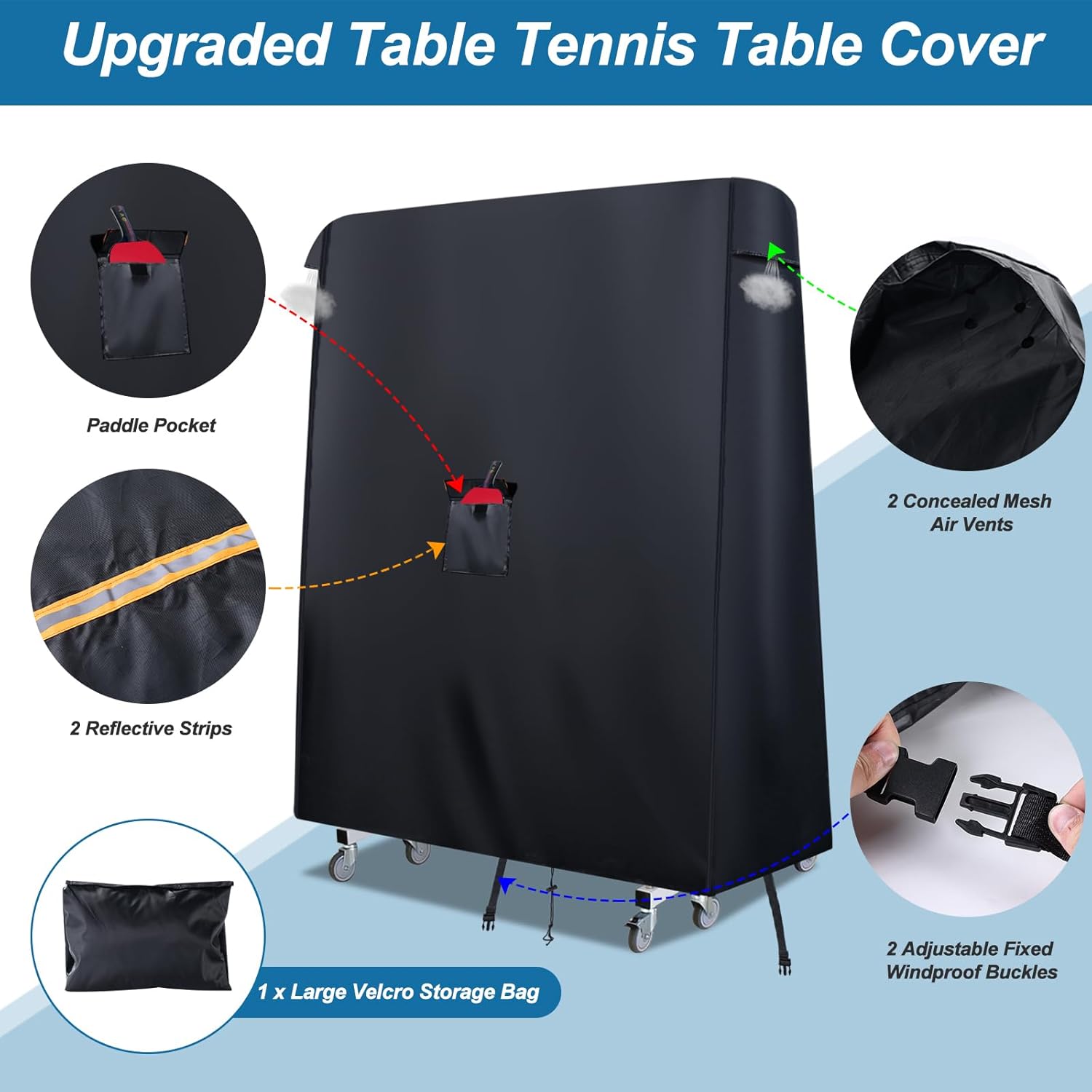Table Tennis Cover Outdoor Waterproof，Heavy Duty 420D Ping Pong Table Cover with Paddle Pocket,Windproof Buckle,2 Air Vents，Universal Folding Ping Pong Table Cover Fits 9x5 FT Foldable Pingpong Tables