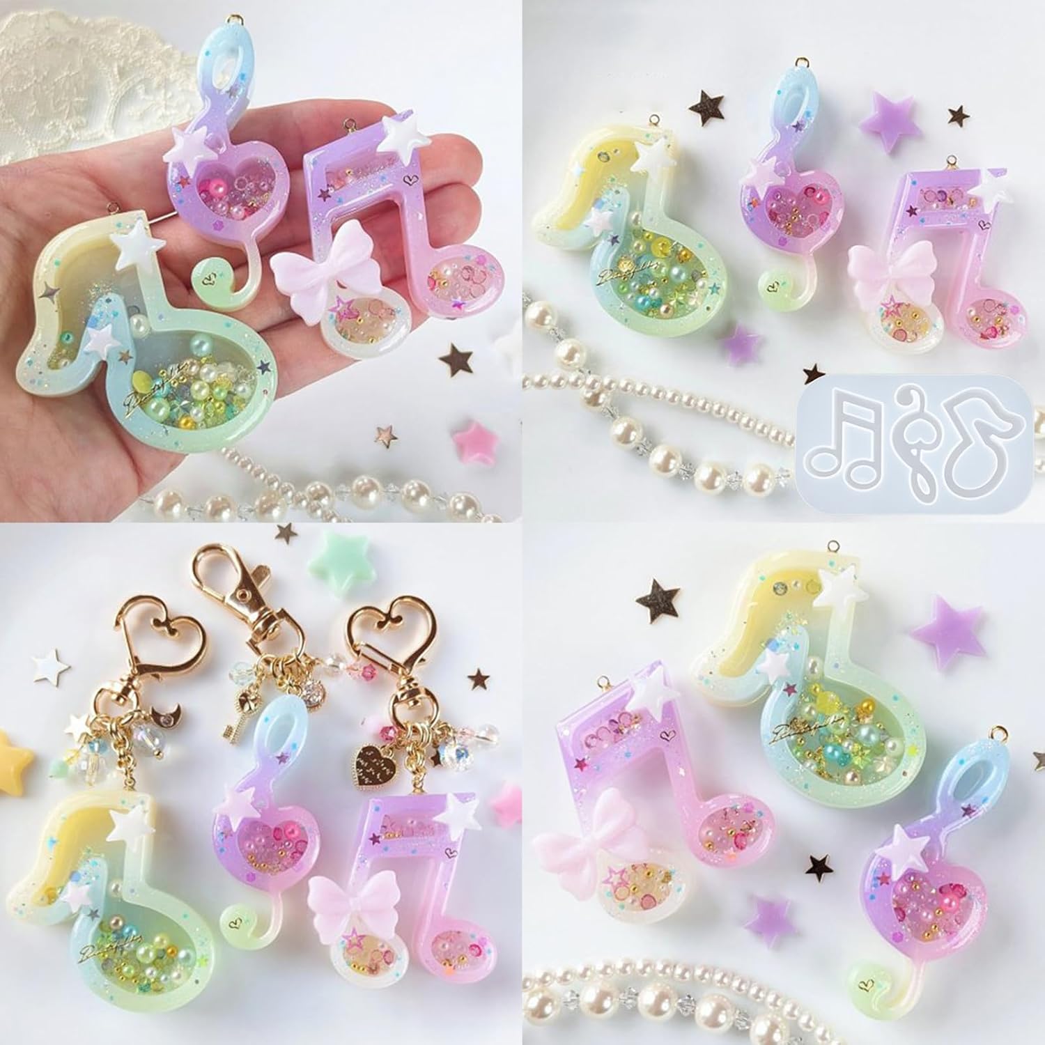 Resin Shaker Molds Set Music Keychain Charm Pack of 8 Silicone Trays Seal Films Precision Tip Applicator Bottle Kits Bundle