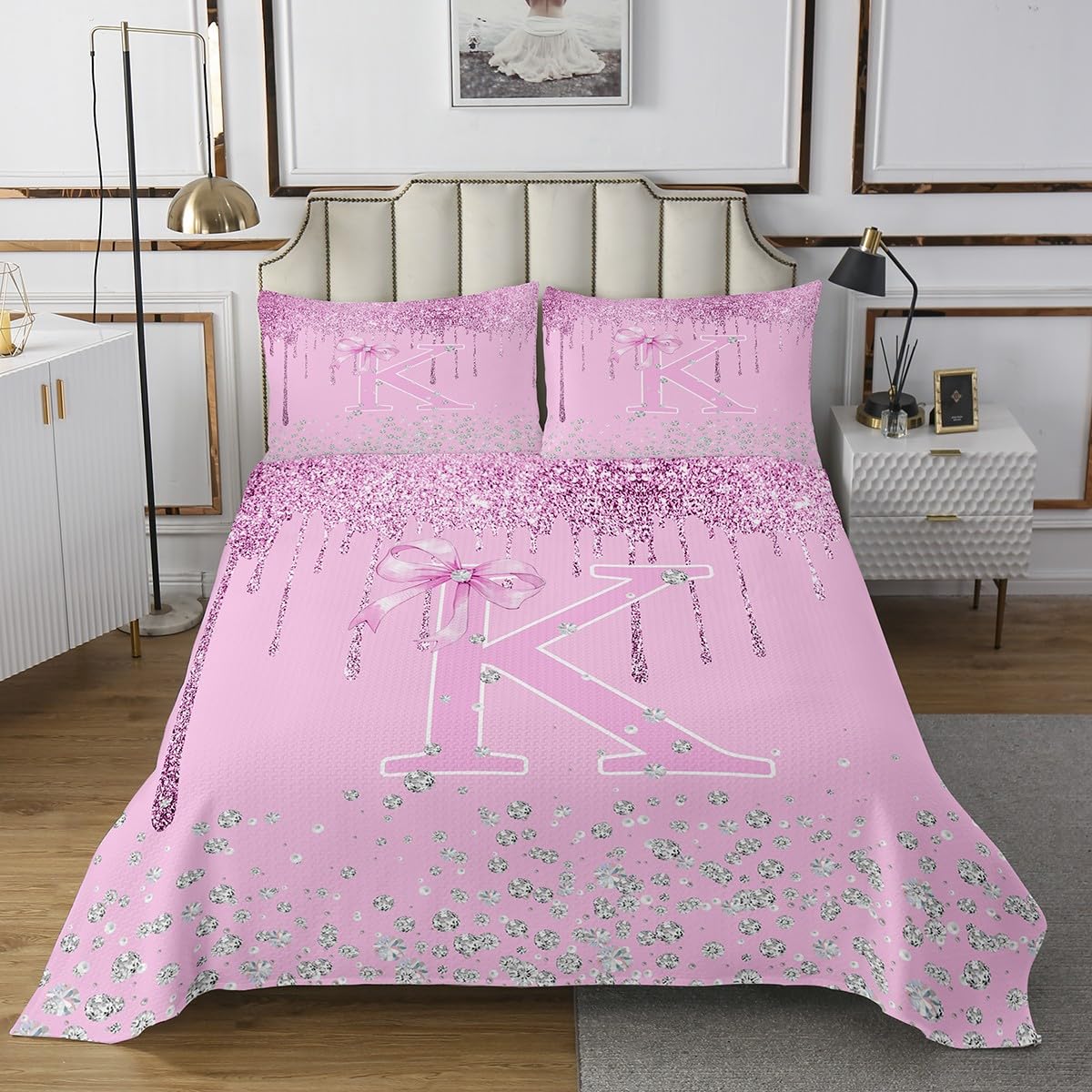 jejeloiu Bow Bedspread for Kids Boys Girls,Twin Size,Personalized Letter K Coverlet Set,Glitter Diamond Pattern Quilted Coverlet,Monogrammed Bedspread Cover,Bedroom Decor,Purple