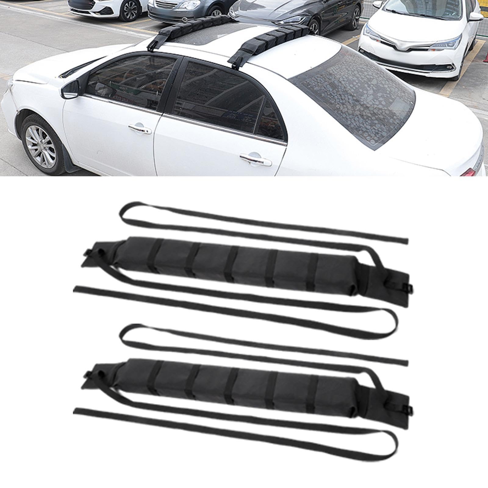 Kajak Dachträger mit weichen Polstern und robusten Spanngurten, geeignet für Surfbretter und Kanus. Einfache Montage und Transport. Universelle