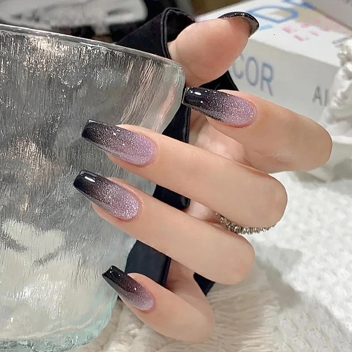 VIKSON INTERNATIONAL press on Purple Black || Gradient Ombre shimmer finish long coffin || press on fake artificial nails extension set || With Strong 2gm nail glue & nails apply kit for girls women.-image-49