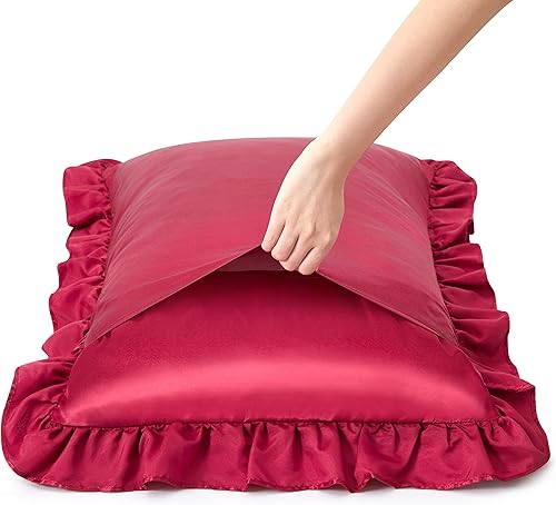 Miniatura 3 de HommxJF Juego de 2 fundas de almohada de satén sedoso con volantes para cabello y piel fundas de almohada de seda color rojo vino estándar con