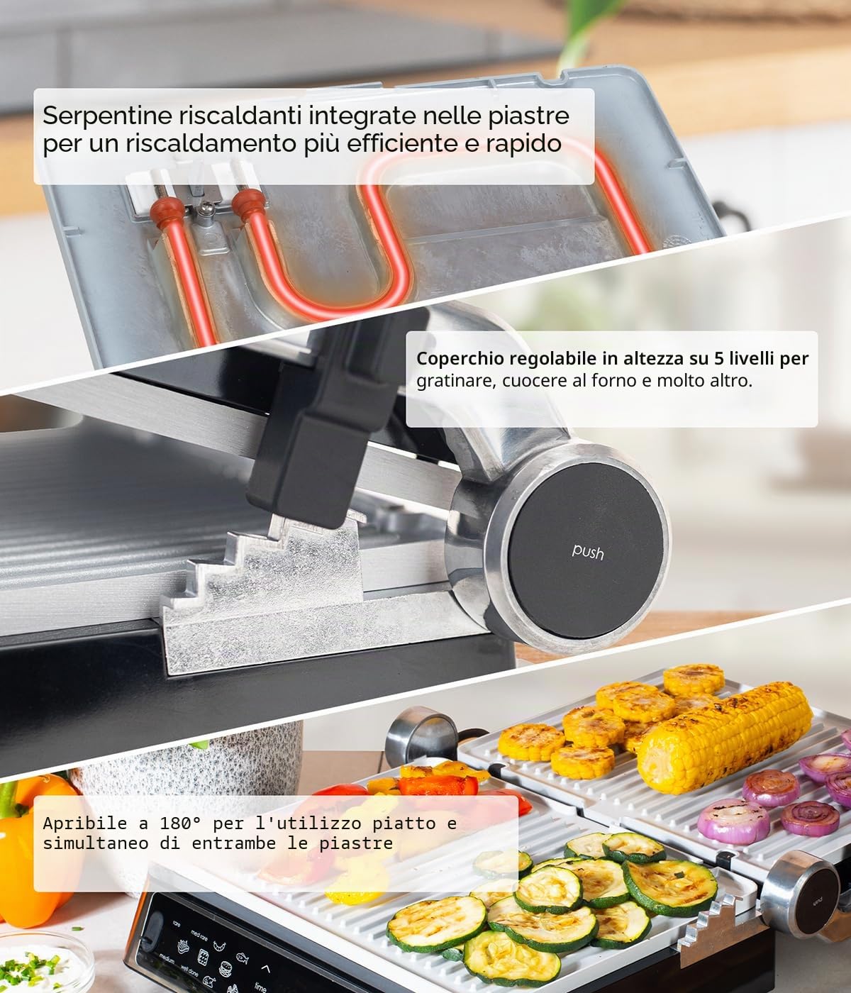 Genius Chef - Griglia elettrica a contatto, in acciaio inox, per panini, bistecche, piastre rimovibili, tostapane per sandwich, con 2 piastre, set da 6 pezzi, colore: Grigio