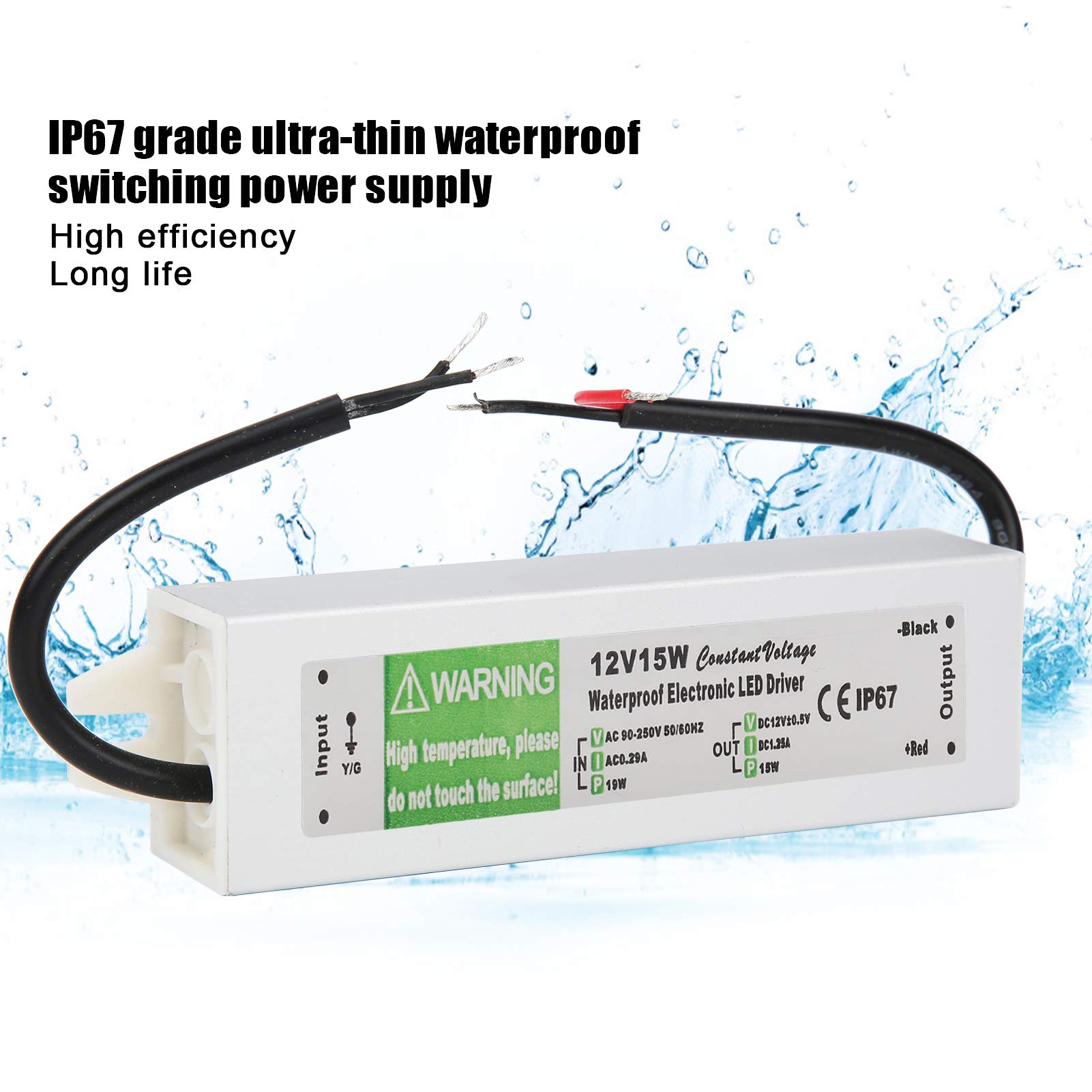 Waterproof LED Transformer Power Supply, 15W AC90 to 250V Switching Power Supply IP67 Grade with High Dielectric Strength (DC12V)