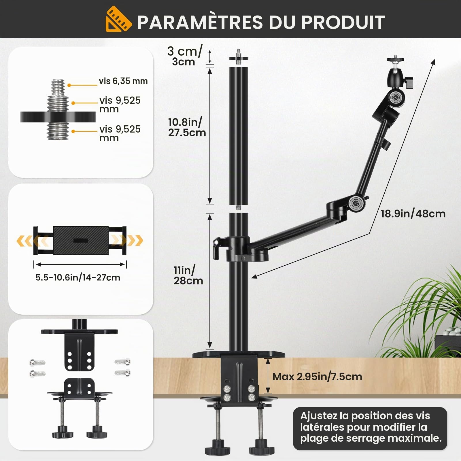 TARION Support de Table pour Appareil Photo avec Bras Articulé - Compatible DSLR, Anneau Lumineux, Microphone - pour Photographie, Vidéo - Titanrig(Lite Z)