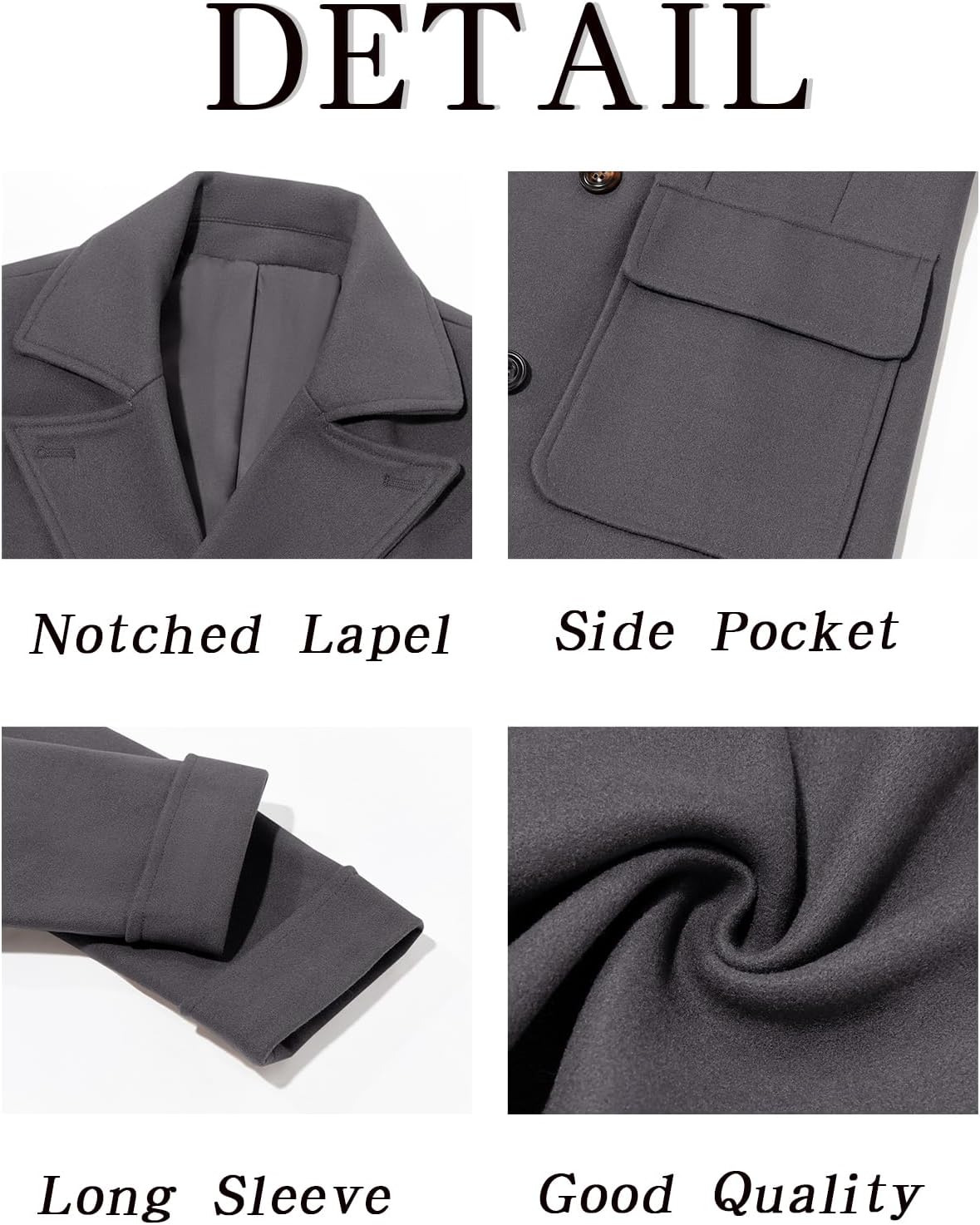 Runcati Mens Trench Coat Notch Lapel Double Breasted Peacoat Wool Blend Casual Long Overcoat - Image 5