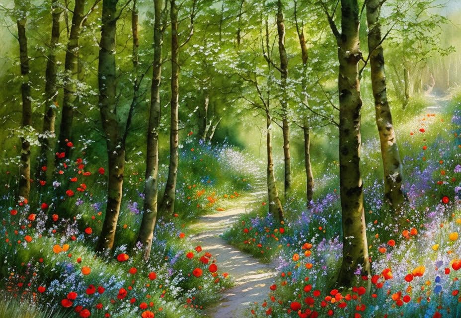 Poster sur toile 58 x 90 cm arbre forêt chemin chalet SERENDIPITP pour mur salon moderne