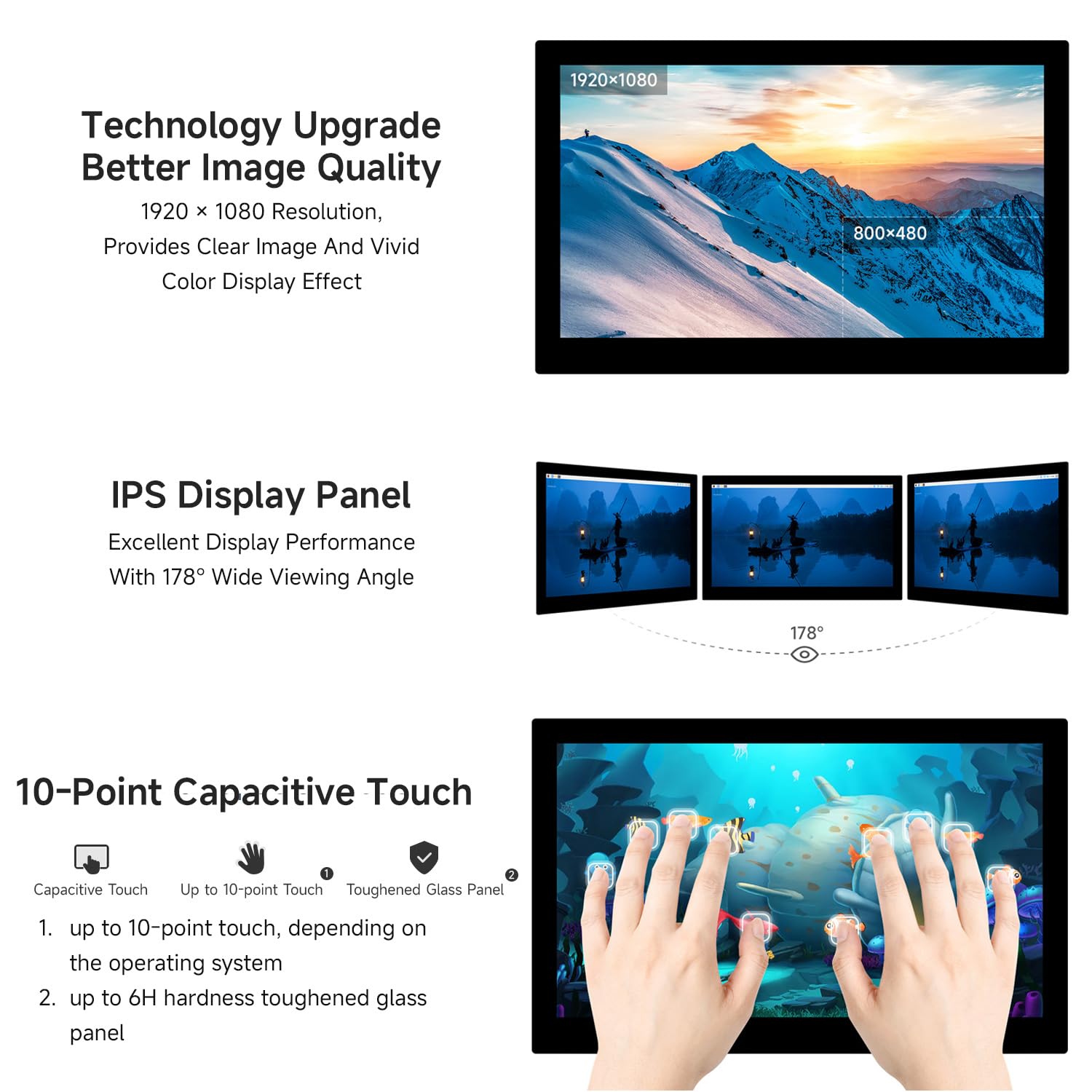 LUCKFOX 13.3-inch IPS Touchscreen Display for Raspberry Pi, 1920x1080 Full HD, 10-Point Capacitive Touch, DSI Interface