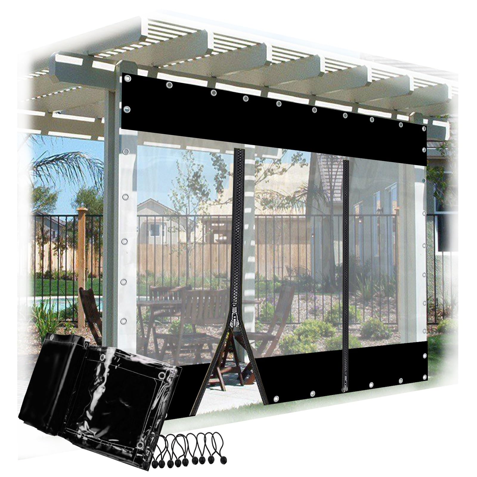 Tonuuoei Clear Tarp with Zip Door Outdoor Weatherproof Curtains Transparent Waterproof Pergola Side Panel for Gazebo, Terrace, Porch，Customizable(2x2m)
