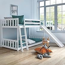 KOTEK Twin Over Twin Bunk Bed with Slide, Solid Wood Floor Bunk Bed Frame with Guardrails & Ladder, No Box Spring Needed, Kids Bedroom Furniture for Boys & Girls, Teens (White)