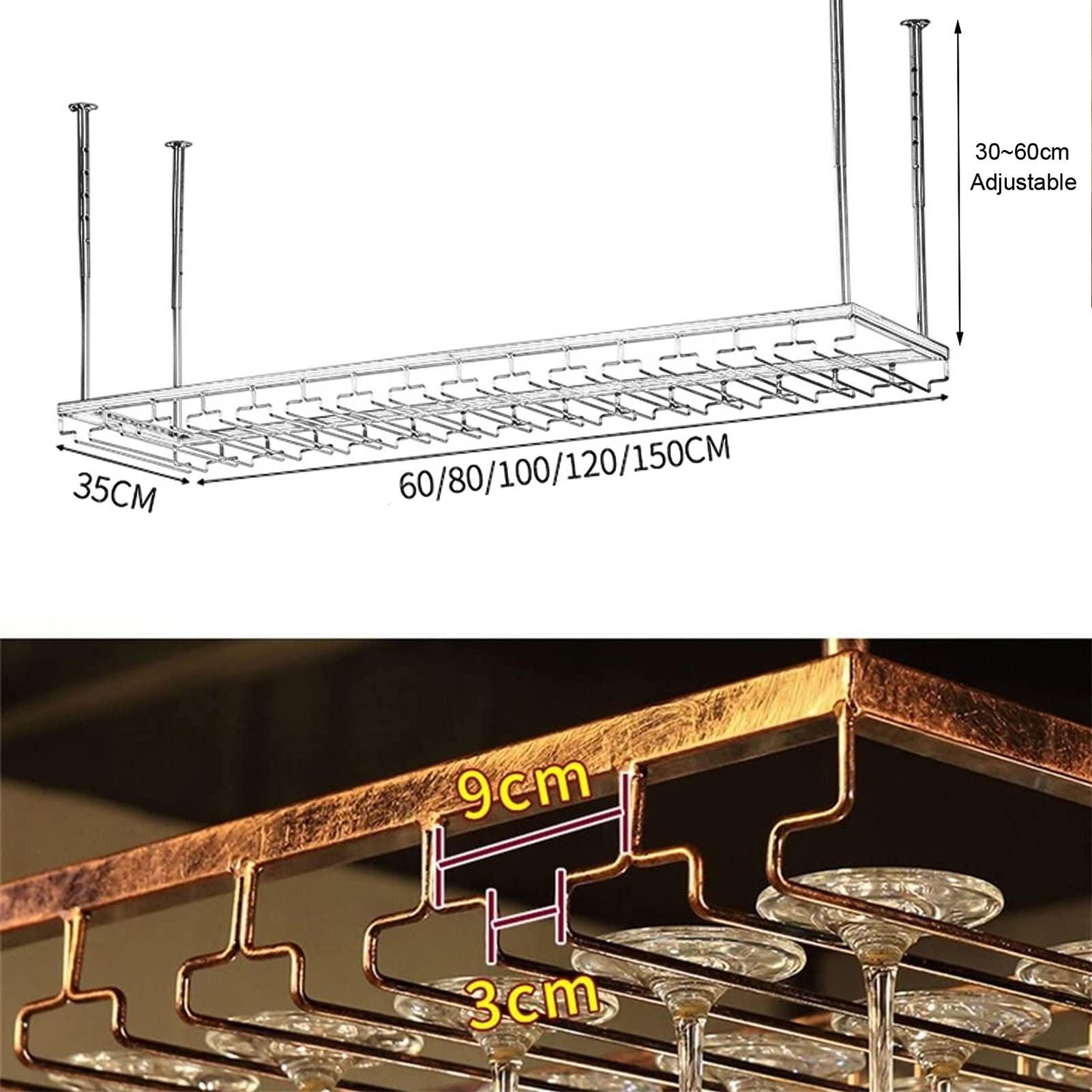 Portabottiglie da vino da appendere – Portabottiglie in metallo con supporti per bicchieri, mensola da soffitto per cucina, bar e sotto armadietto, elegante organizer per calici