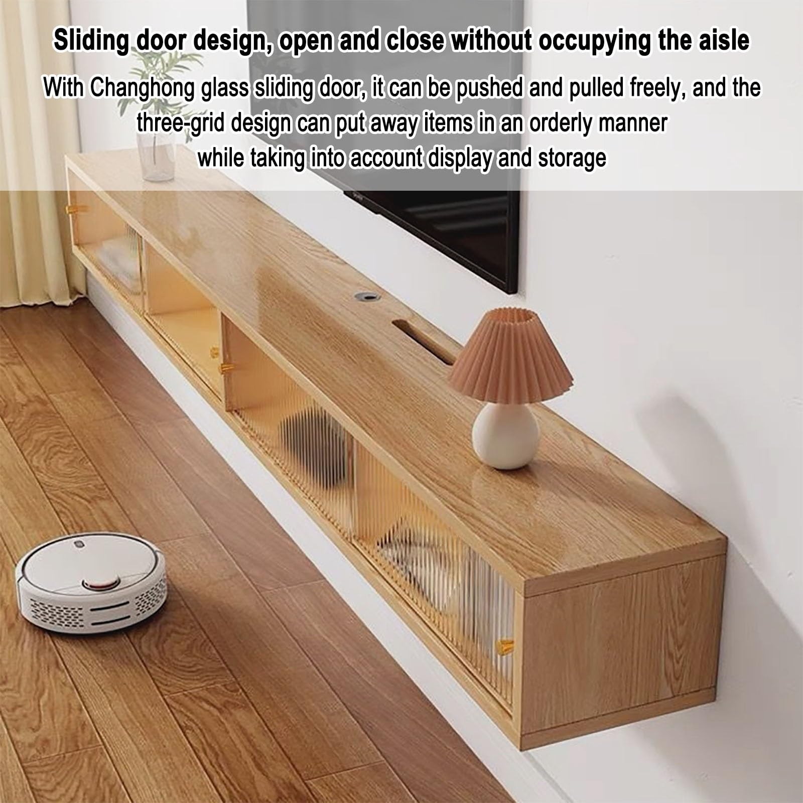 Soporte flotante para TV montado en la pared con estante de almacenamiento de vidrio arcoíris, centro de entretenimiento moderno para sala de estar, elegante decoración del hogar, diseño de ahorro de