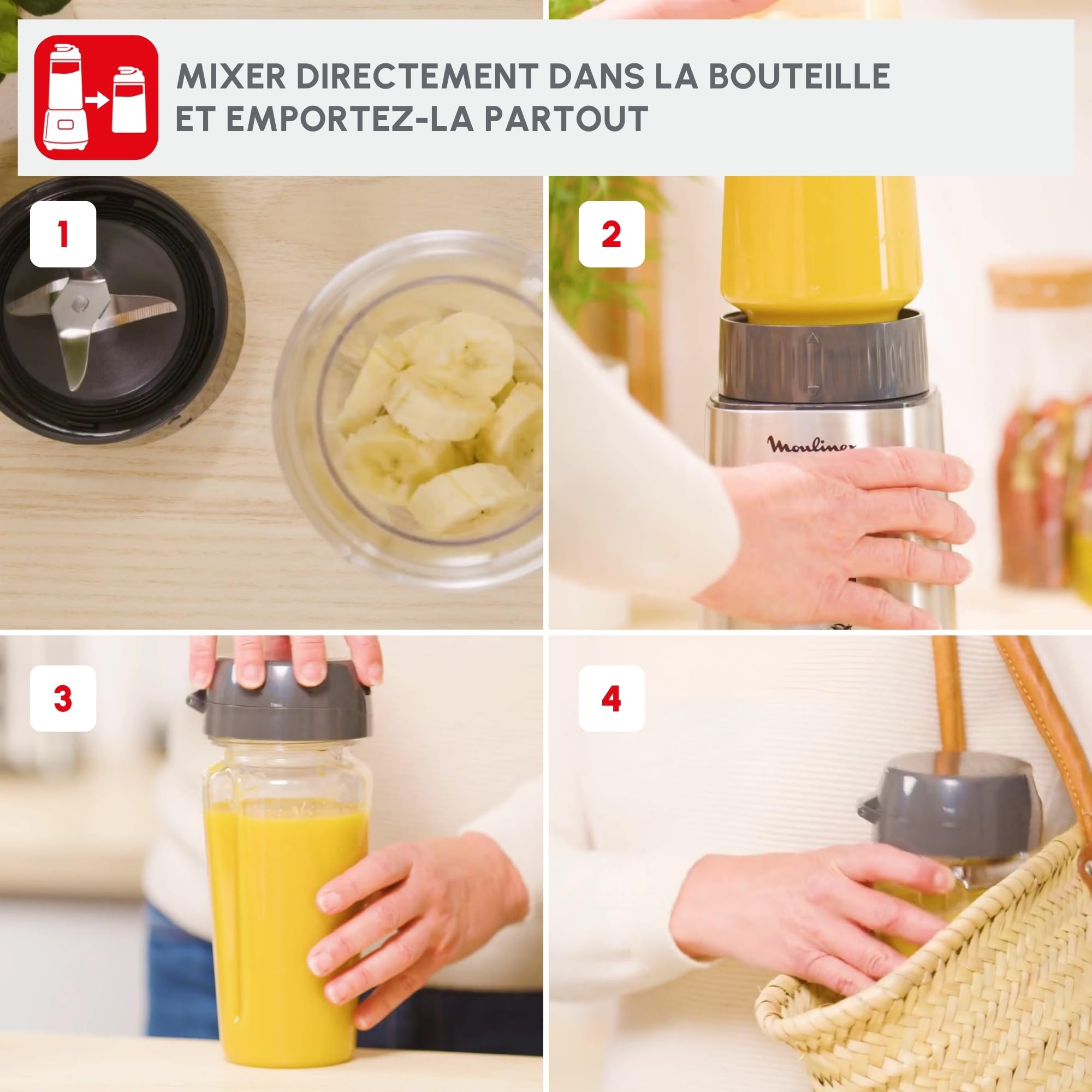 Moulinex Blender, Mini mixeur compact, 400 W, Technologie Powelix, Lames amovibles, 2 vitesses, Contrôle de la texture, Verseuse en verre, Bouteille à emporter en Tritan, Pulseo, Métal LM17GD10