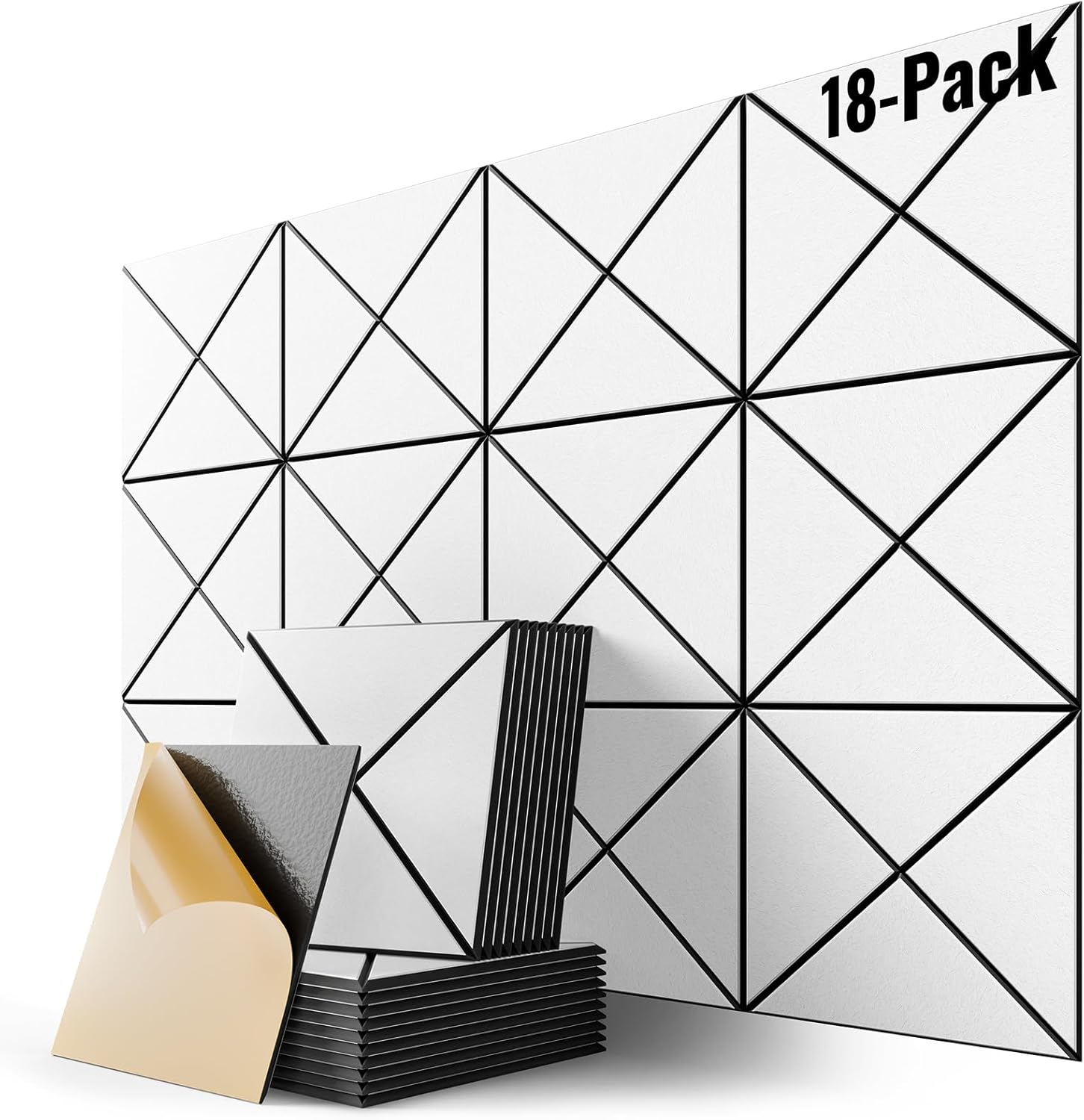 18 Pack Self-Adhesive Acoustic Panels, 12″ X 12″ X 0.4″ X-Line Sound Proof Foam Panels for Walls, High-Density Soundproof Wall Panels for Home & Office (White on Black)