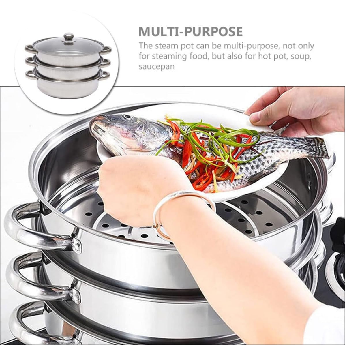Ciieeo Vaporera Inoxidable de 3 Niveles de Acero Inoxidable Diseño Multi-capa y Tapa de Vidrio para Cocinar Verduras, Mariscos y Carnes al Vapor