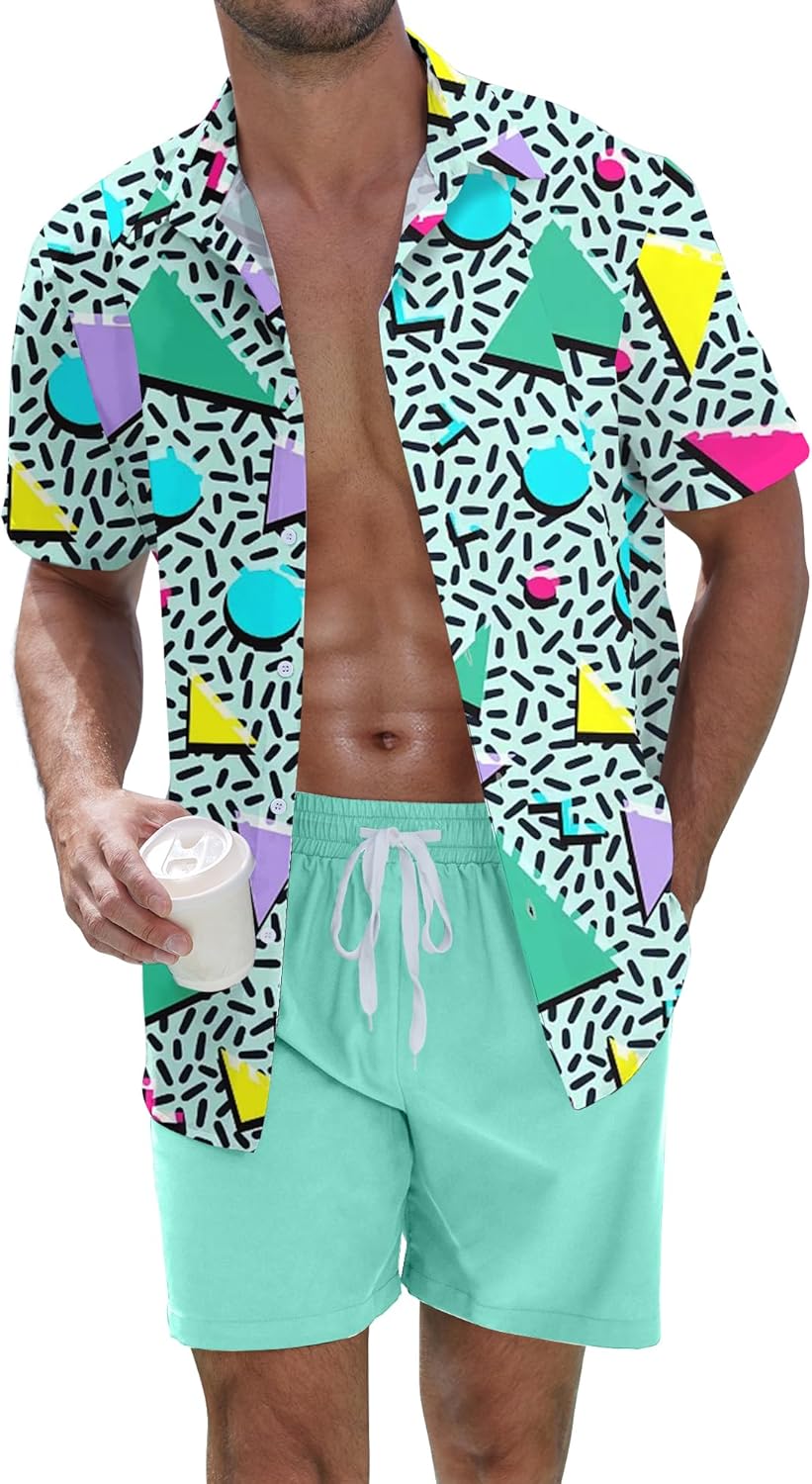 UOUA Men's Beach 2 Piece Outfits Hawaiian Flower Button Down Shirts and Shorts Sets