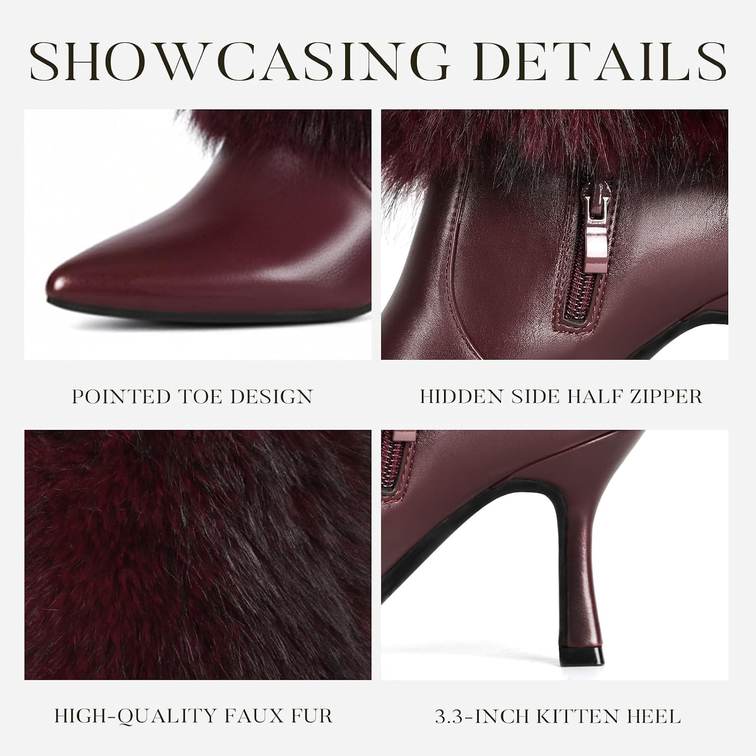 Womens 3.3-inch Kitten Heel Knee High Fur Boots Furry Fuzzy Fluffy Pointed Toe Boots for Women Tall Wide Calf Fall Winter Snow Fold Over Boot with Side Zipper
