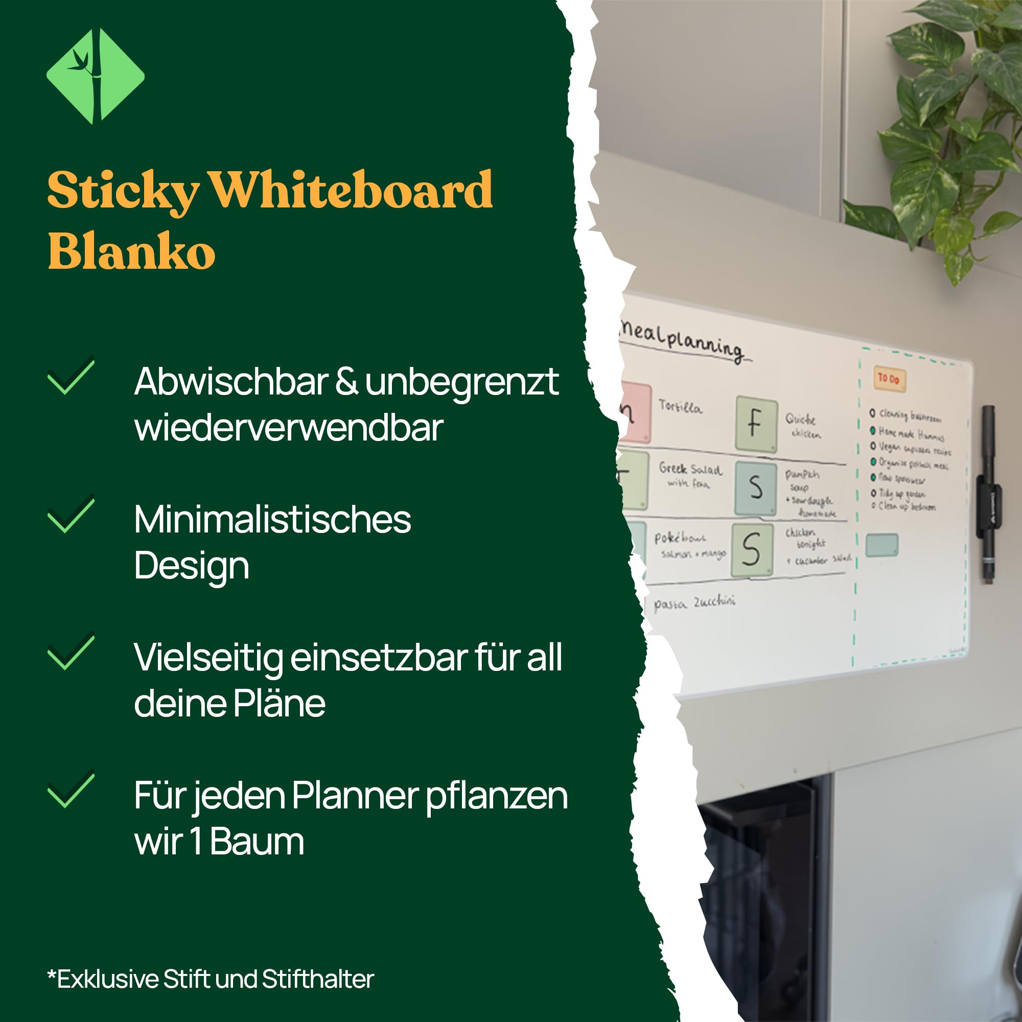 Bambook Sticky Whiteboard – Wiederverwendbare & Selbstklebende Whiteboard-Folie, Abwischbar und Umweltfreundlich, 35,4x24,4 cm – Flexibles Magnetboard für Büro, Zuhause, Planung & Kreative Notizen