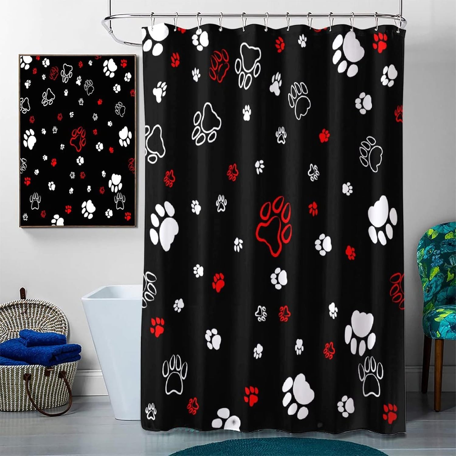 Paw Print 4PCS/Set Shower Curtain Cartoon Dog Animal Footprint Doodle Bathroom Sets with Shower Curtain and Rugs and Accessories 70.8×70.8