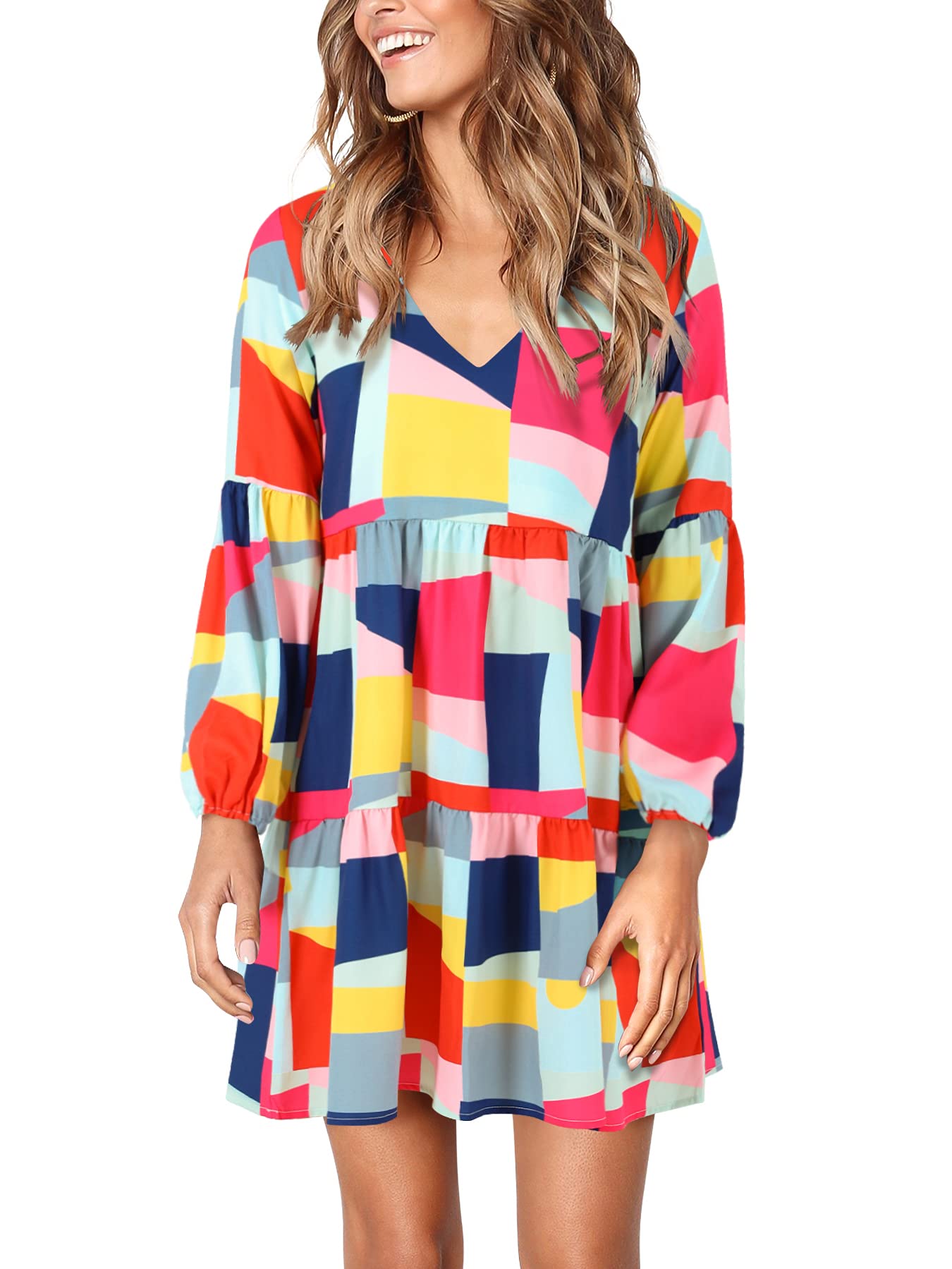 Amoretu Womens Tunic Dress Long Sleeve V Neck Casual Loose Flowy Swing Shift Dresses