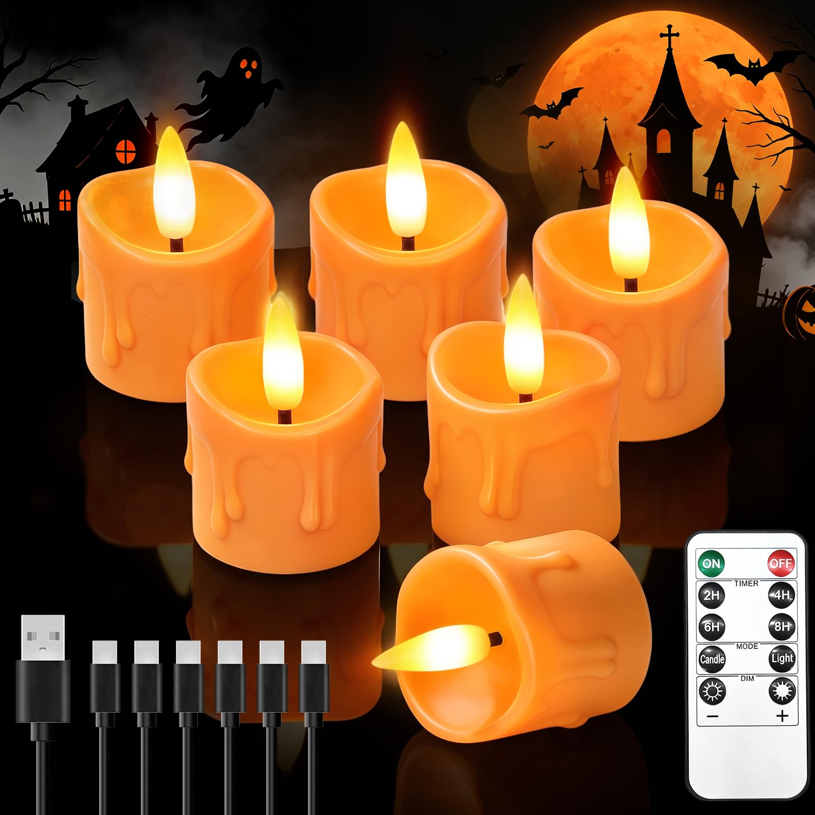 6 Pack Small Rechargeable Flameless Candle with Remote Timer（Pumpkin Color）