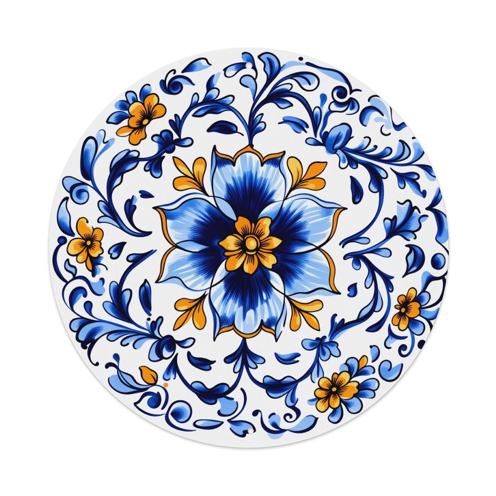 Blue And Yellow Floral Pattern With Swirls Round Vintage Tin Sign,Retro Wall Art,Metal Poster for Home, Bar, Garage, Cafe, Rustic Indoor & Outdoor Decor, 8x8 Inches