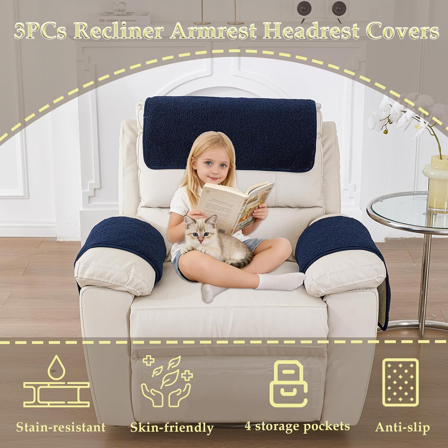 Armrest Covers - Arm Chair Covers Set of 3 Recliner Chair Covers, With pockets Stretch Arm Rest Cover Non-Slip Armchair Protector Cover for Tv Armchair Chair Sofa,Washable (Navy Blue 22.5x15 in)