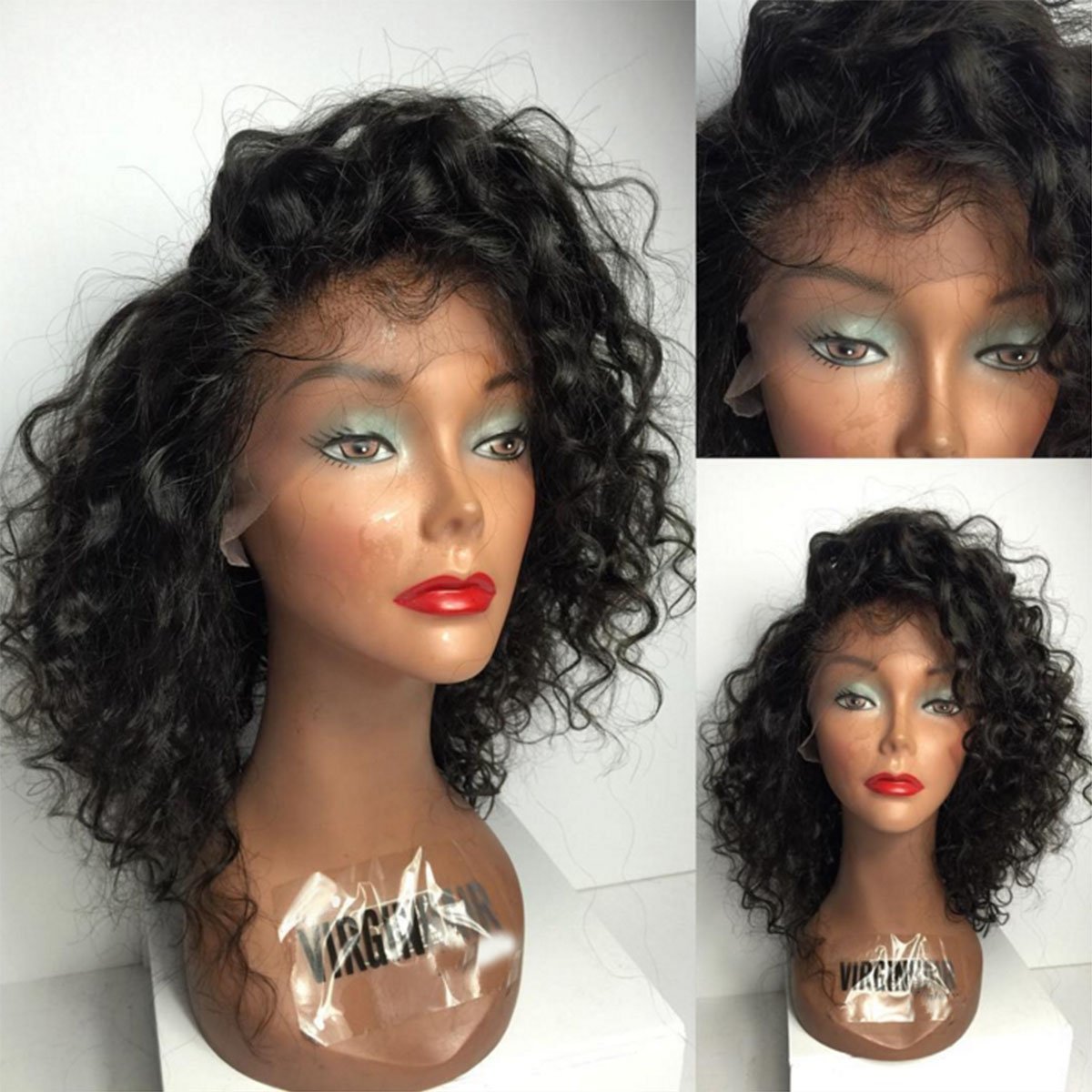 Maycaur Black Curly Lace Front Wigs Natural Hairline Full Lace Human Hair Wig Short Bob Hair Wigs 150 Density(14inch lace front wig)