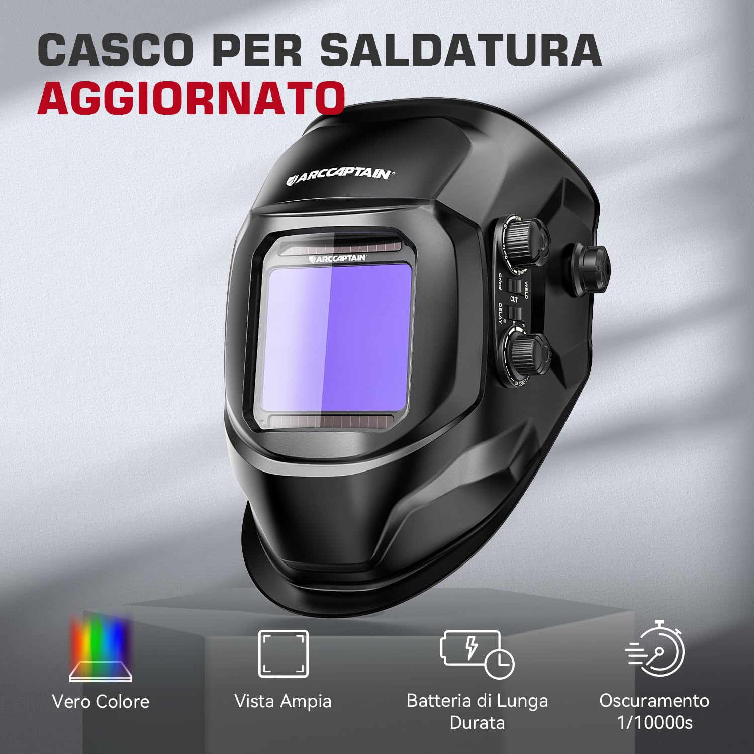 ARCCAPTAIN Maschera Saldatura Autoscurante, 100 x 93 mm, Con Ampio Campo Visivo, Real Colour Completamente Automatico, con Casco per Saldatura, Colore Vero, Ombra Larga 4/9-13 per MIG, TIG, ARC