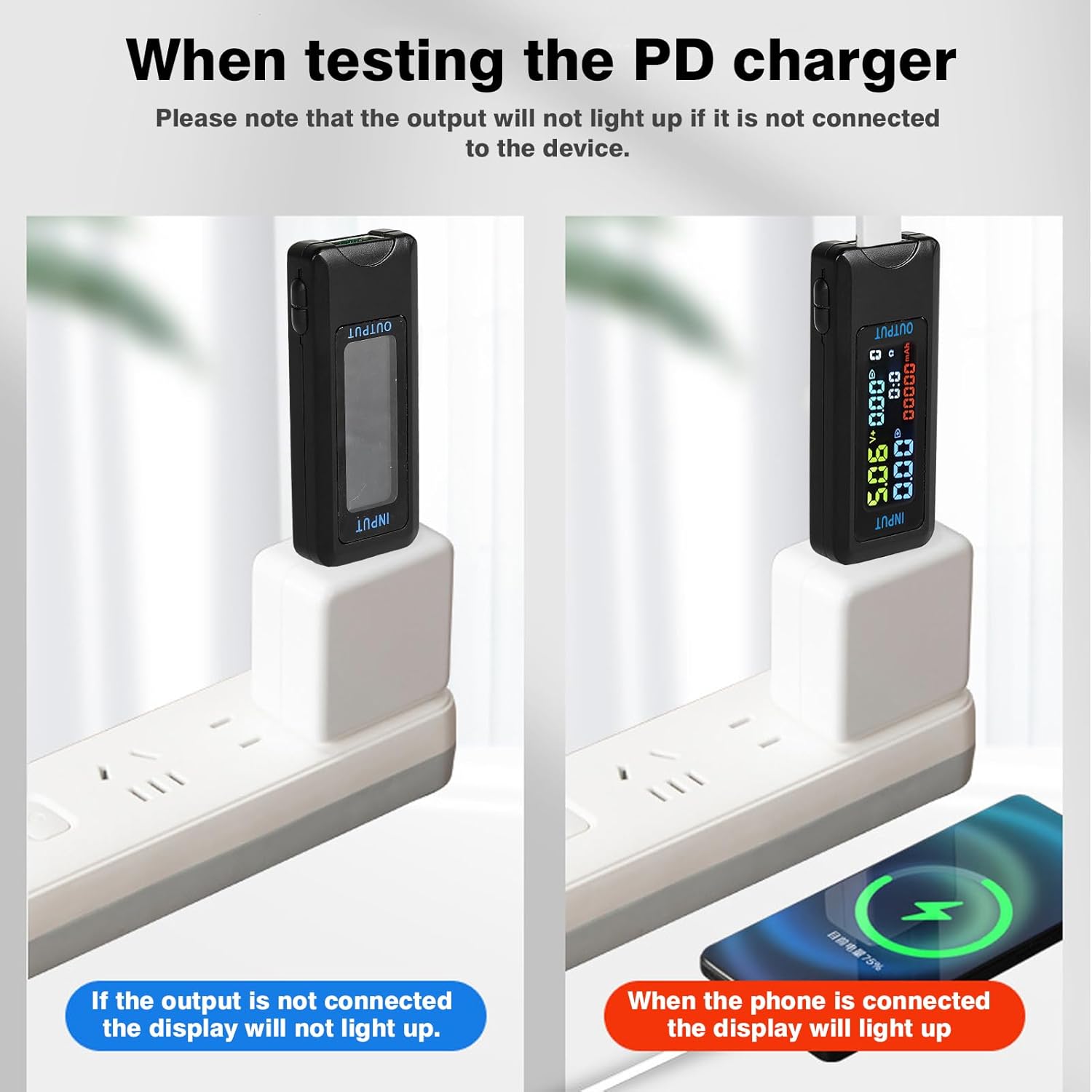Comparison of DEWIN USB Power Meter display when not connected to a device versus when connected to a phone for charging