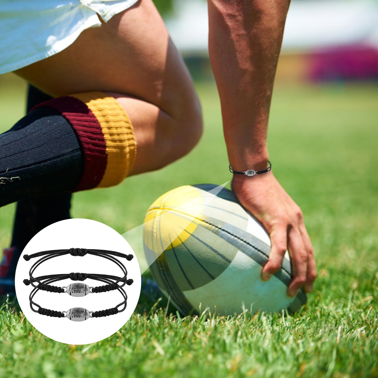 NQEUEPN 20pcs Bracelet Rugby, Bracelet à Breloques Réglable Bracelet Homme Corde Rugby Bracelet Tressée avec Pendentif de Rugby pour Adolescentes Hommes Femmes Joueurs D'équipe