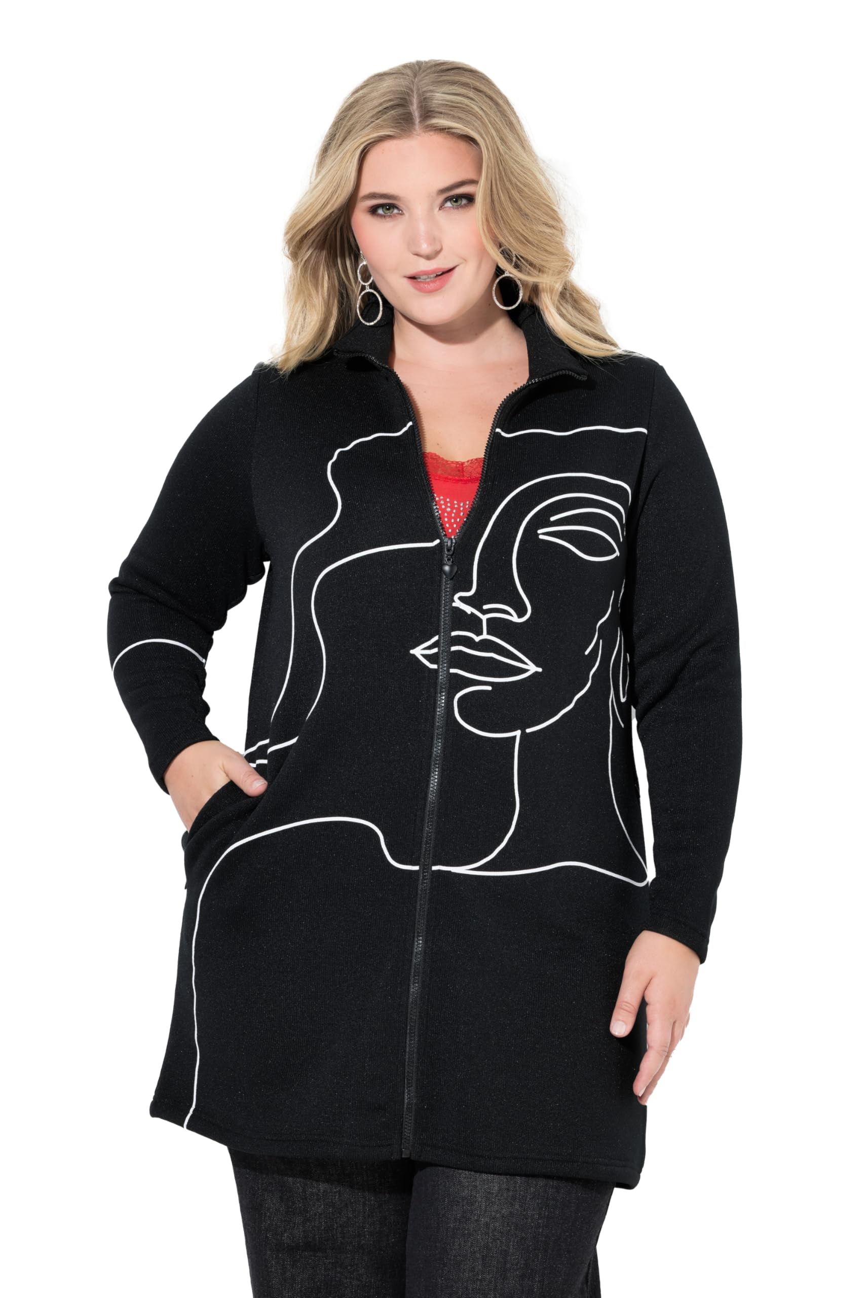 MIAMODA Damen große Größen Übergrößen Plus Size Strickfleece-Jacke, leicht tailliert, Lady-Print 845995