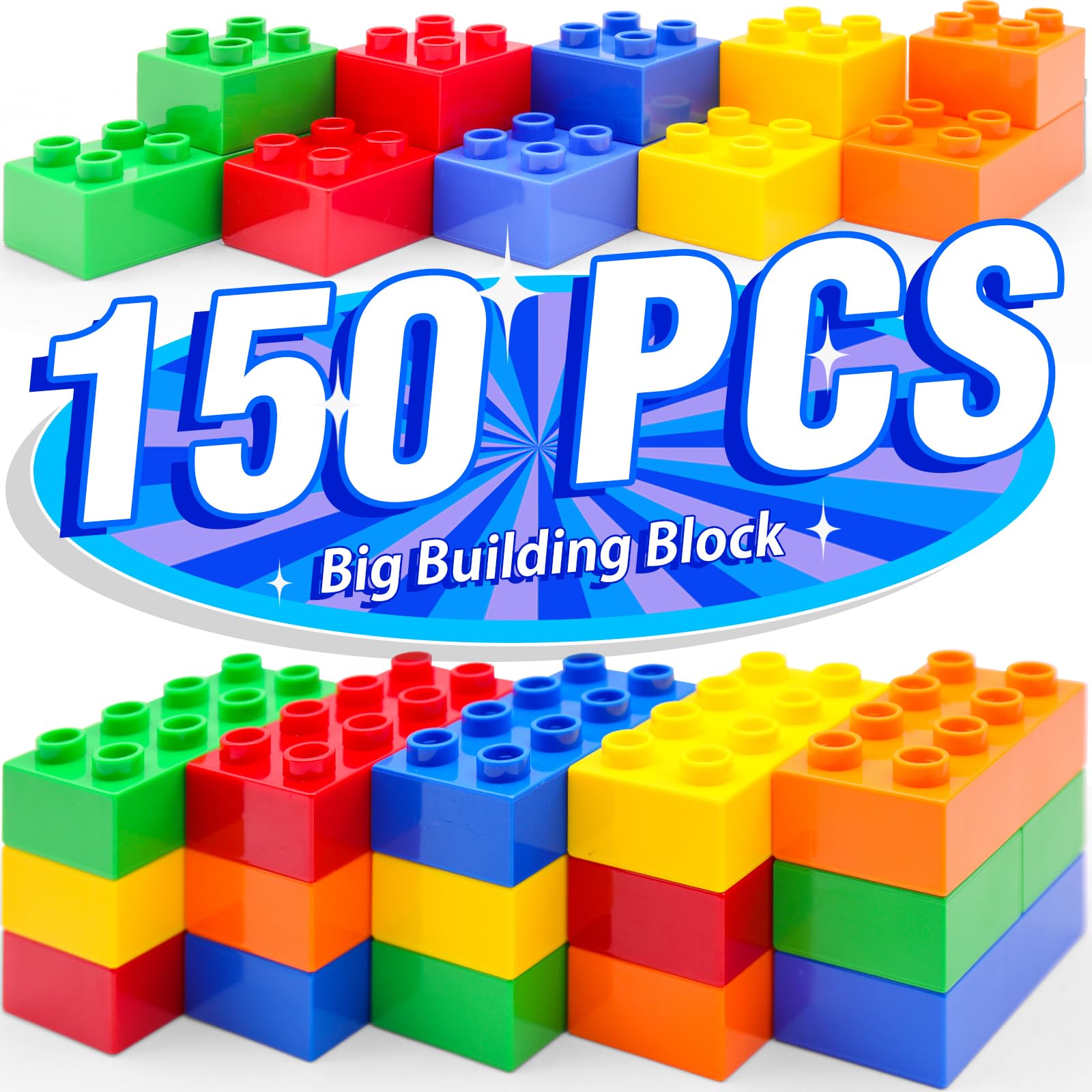 Building Blocks Set, 150 Pieces, 2x2 & 2x4 Shapes, Large Duplo-Compatible Bricks, ABS Material, Educational Toy for Creative Thinking, Compatible with Duplo Bricks, for Toddlers 2, 3, 4, 5, 6 Years.