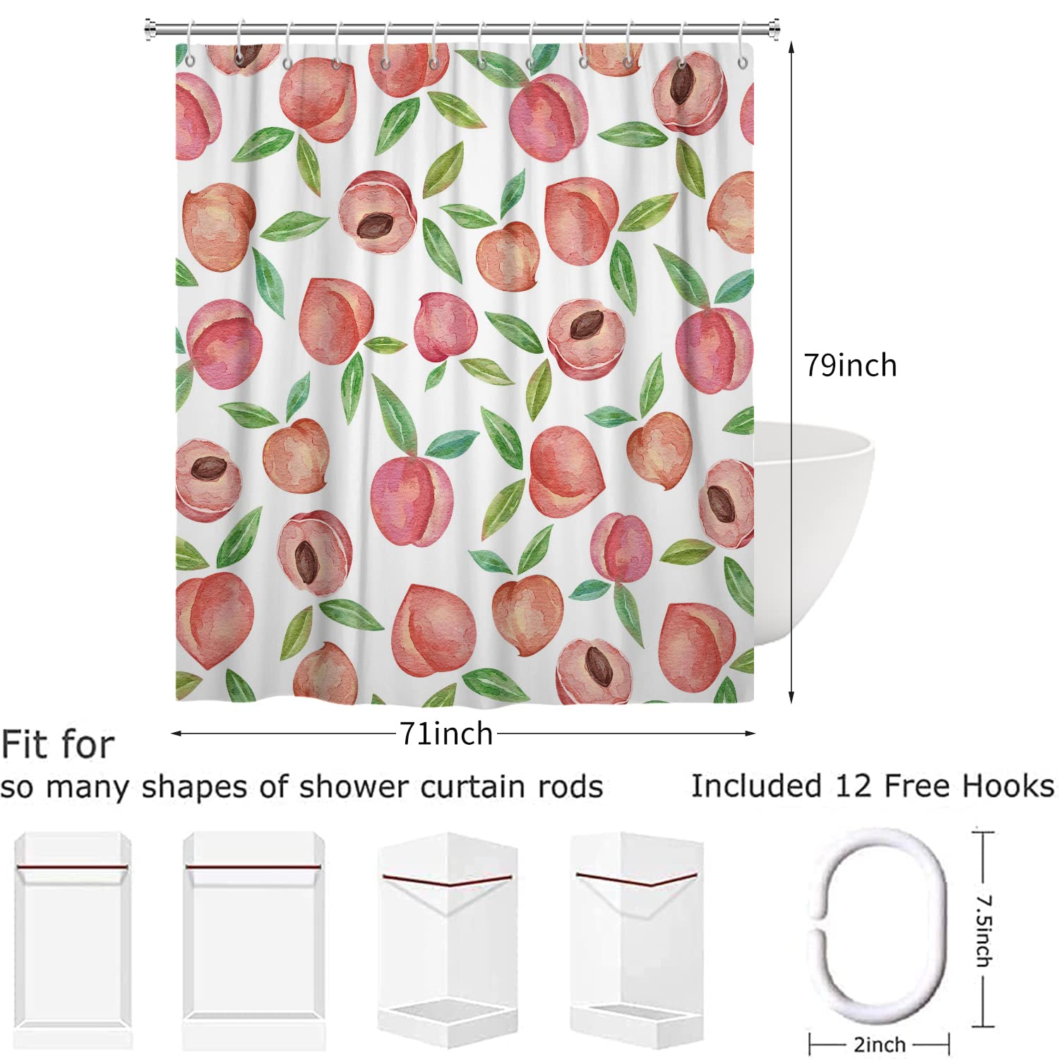 Tenda da doccia Rosa Pesca 180x200, Allover Frutti Verde Foglie Tende da doccia Acquerello Luminoso Colorato Estetica Tenda da bagno Impermeabile Poliestere Tessuto Lavabile Tenda da bagno