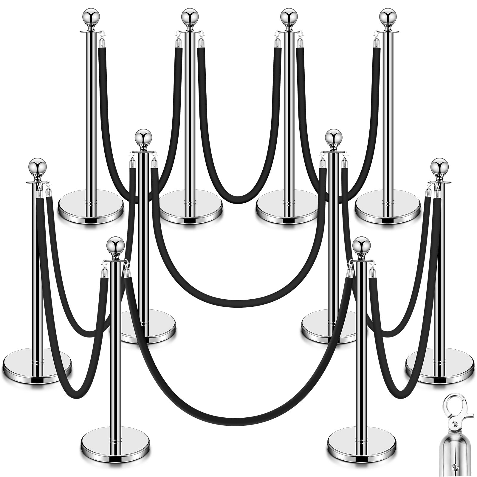 Geetery 12 Pcs Stainless Steel Stanchion Post Queue 6 Ft Carpet Ropes and Poles 38'' Crowd Control Barriers Sand Injection Hollow Base and Rope Set for Indoor Outdoor Party Supplies (Silver, Black)