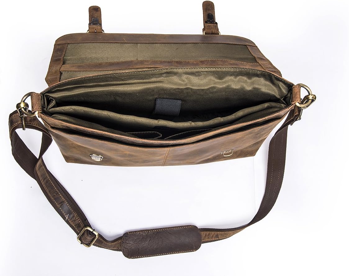 15" Buffalo Leather Vintage Rustic Leather Messenger Laptop Briefcase Satchel Bag for Men and Women