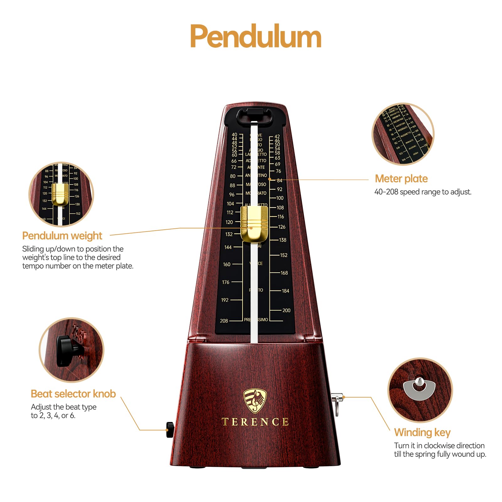 Metrónomo mecánico TERENCE, metrónomo de alta precisión, sonido fuerte, adecuado para piano, violín, teclado, bajo, guitarra, tambor Guzheng, adultos, niños, principiantes, profesionales,color nogal