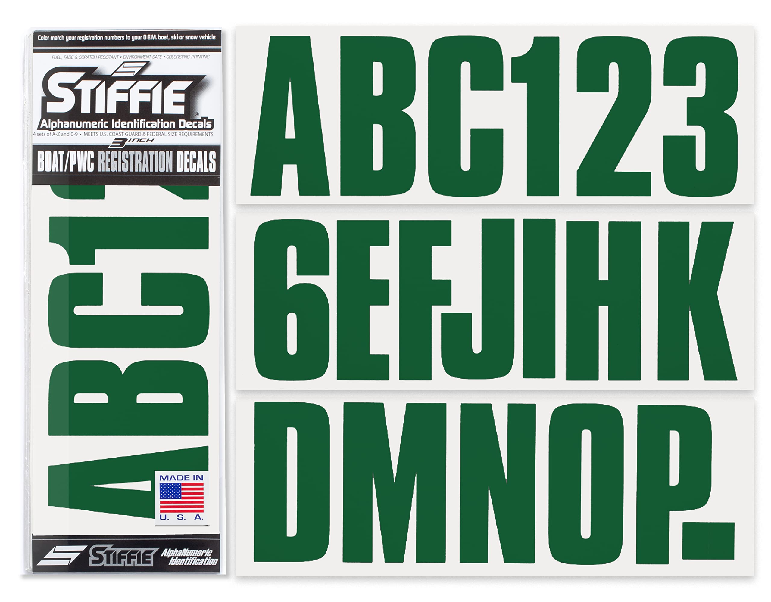 STIFFIE Uniline Racing Green 3" Boat &amp; PWC Registration Decals • Numbers Letters Stickers