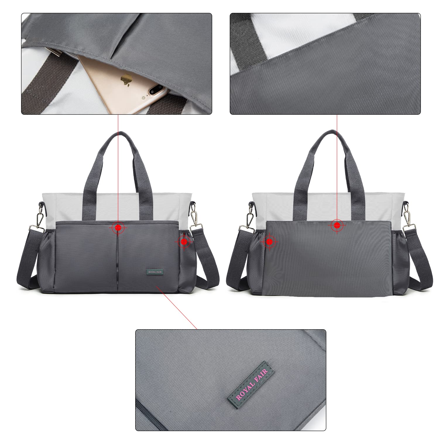 ROYALFAIR Baby Wickeltasche Klein für Unterwegs Reise Wickeltasche Bote Messenger mit Isoliertasche und Befestigungshaken (40 x 28 x 12.8 CM, Grau)