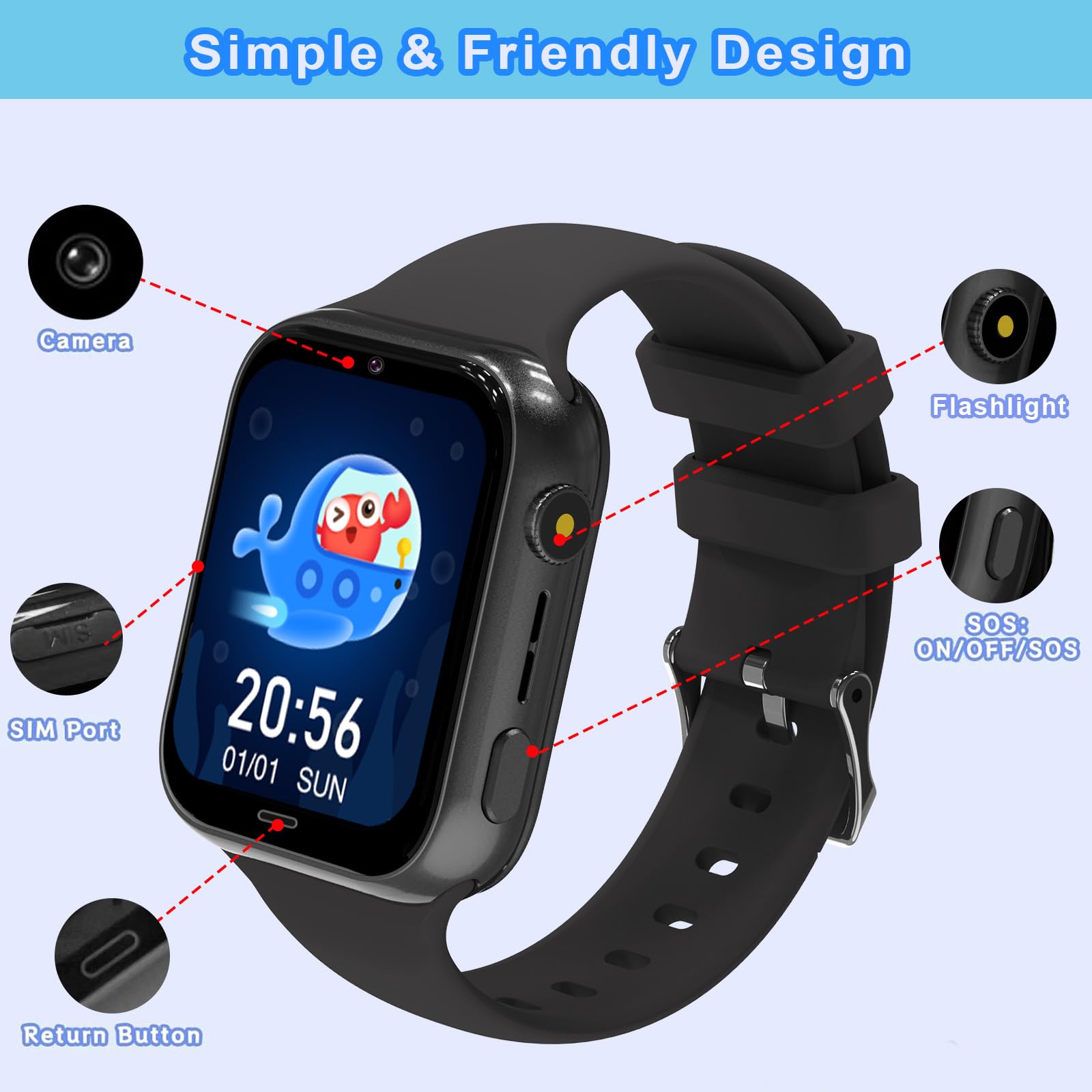 Reloj Inteligente Niño 4G, Smartwatch Niños con GPS, SOS, Llamadas, 4G Videollamada, Juego, Cámara, Despertador, IP68 Impermeable, Podómetro, Modo Escolar, Regalos para Niñas Niños (Negro)