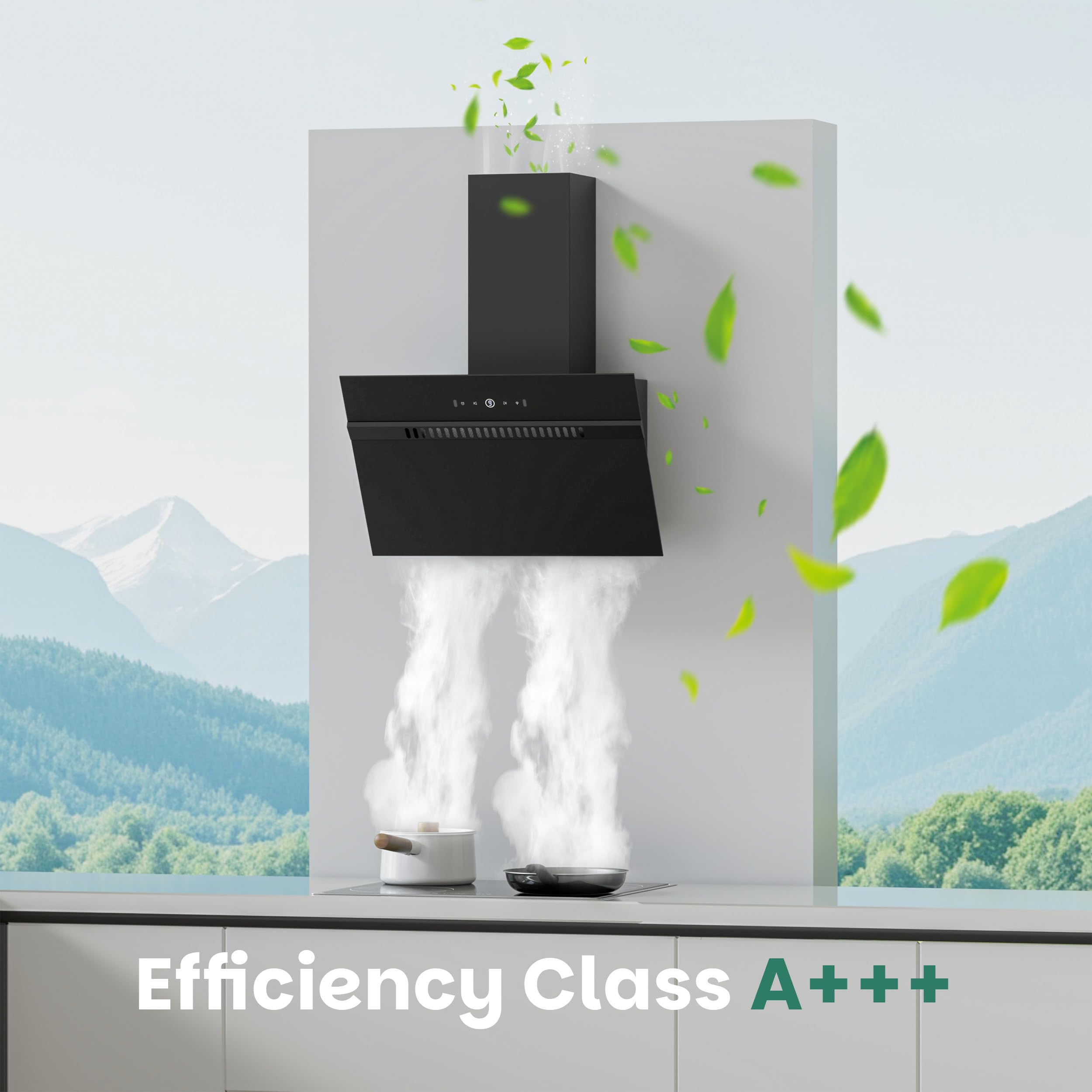 FIREGAS Classe A+++ Cappa Aspirante Inclinata 60cm, 684 m³/h, 9 Velocità, Controllo Touch e a Gesti, Ricircolo ed Estrazione, Cappa Cucina con Filtro a Carbone, Nero