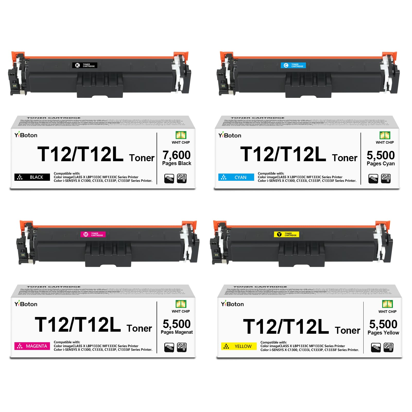 High Yield T12 T12L Toner Cartridge 4 Pack with Built-in Chip | Compatible for Canon i-SENSYS X C1333i C1333iF C1333P Series Printer