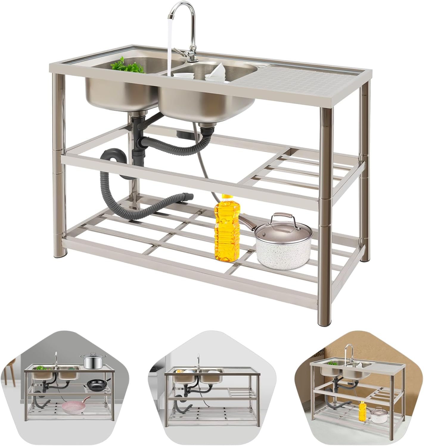 Freestanding Stainless Steel Sink Double Bowl Commercial Restaurant Kitchen Sink with Faucet,Prep & Utility Washing Hand Basin Sink for Home Kitchen Garage
